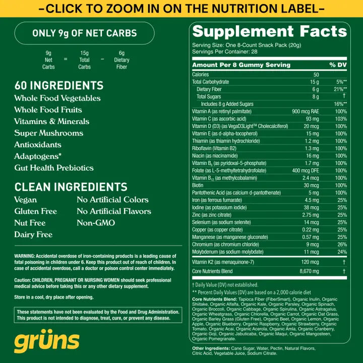 Grüns- Adult Superfood Greens Gummies (3 Daily Packs)